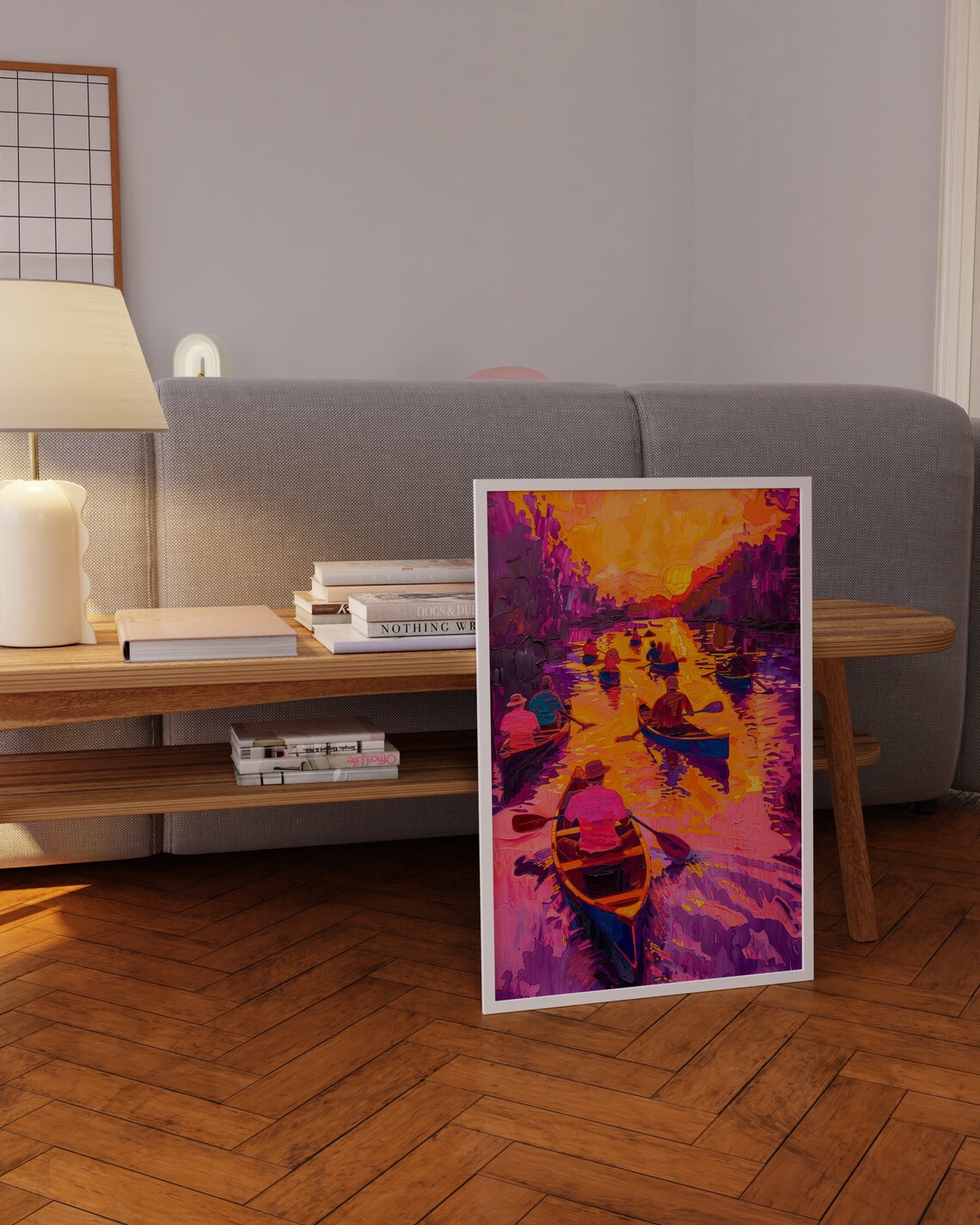 Kayakers on River at Sunset Impressionist Colorful Painting Art Poster - Image 3