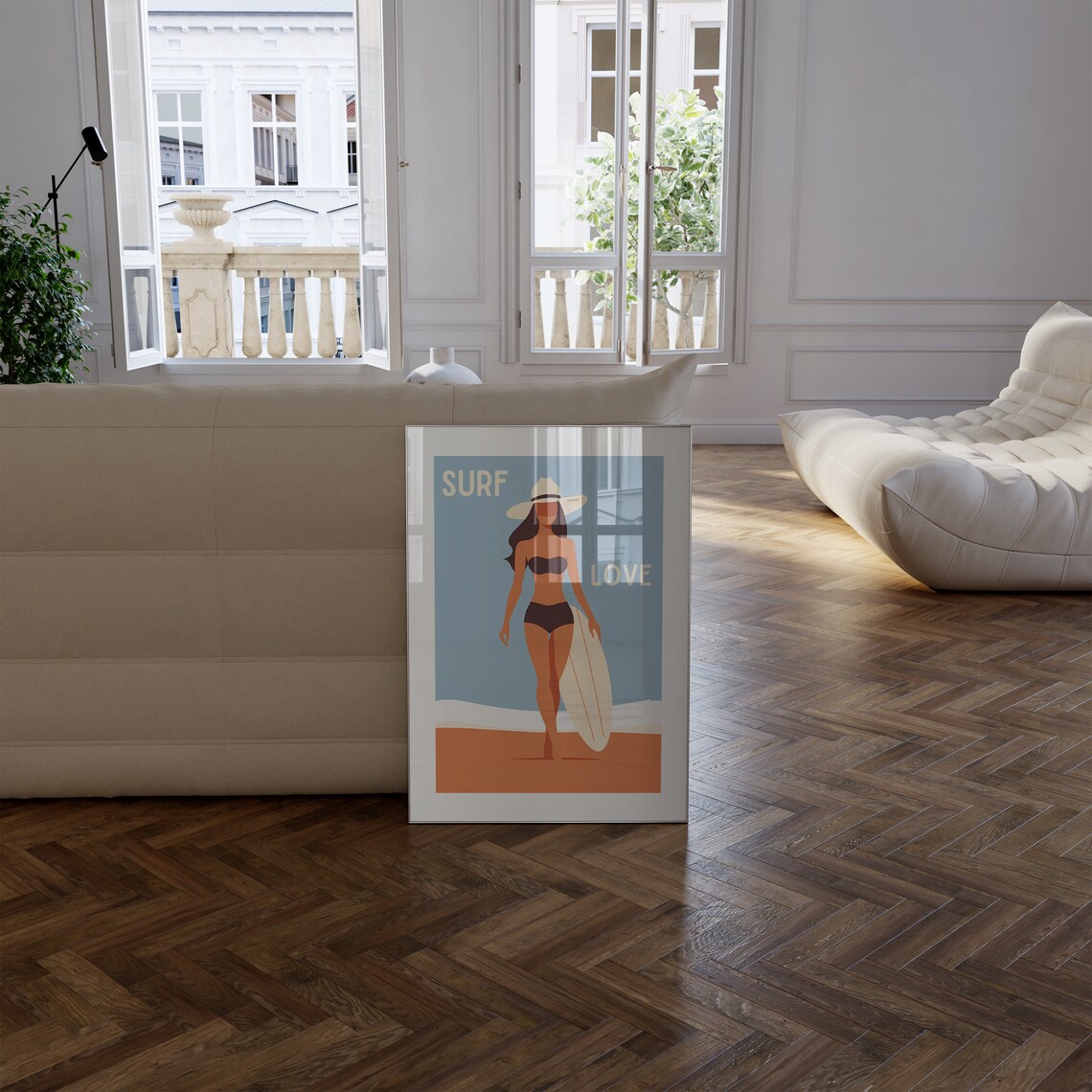 Surf Love Retro Beach Art Poster with Surfer Girl in Brown Bikini - Image 2