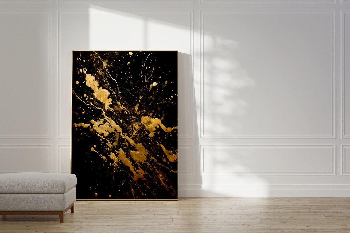 Dramatic Black and Gold Paint Splatter Luxury Abstract Poster