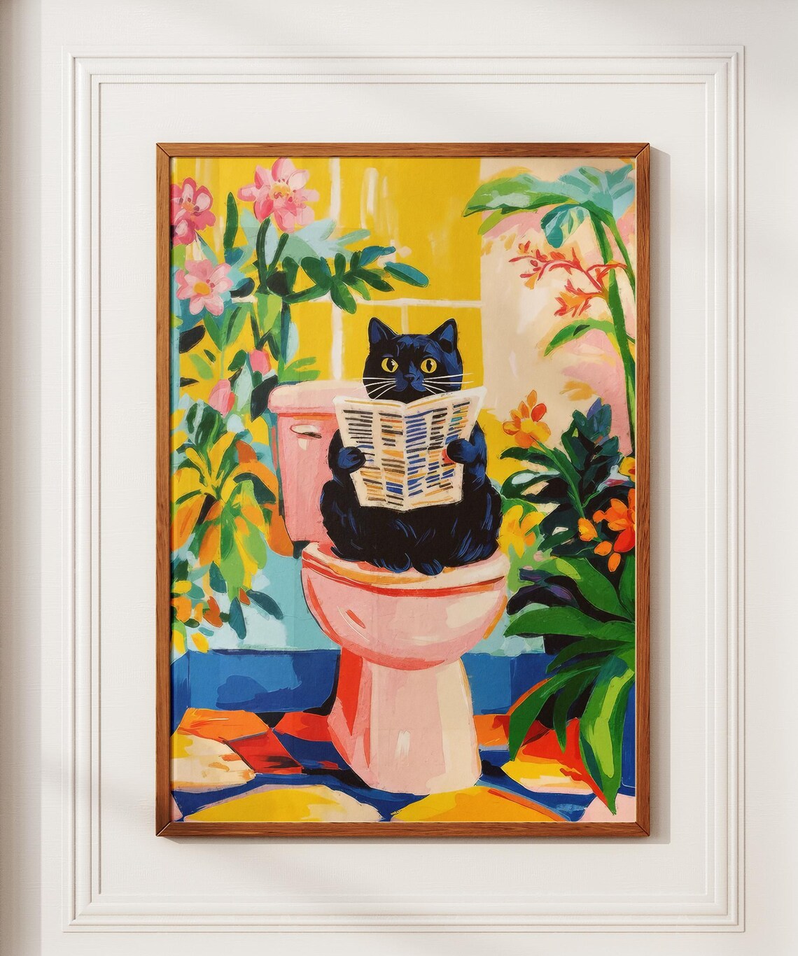 Black Cat Reading a Newspaper on a Pink Toilet Tropical Fun Poster