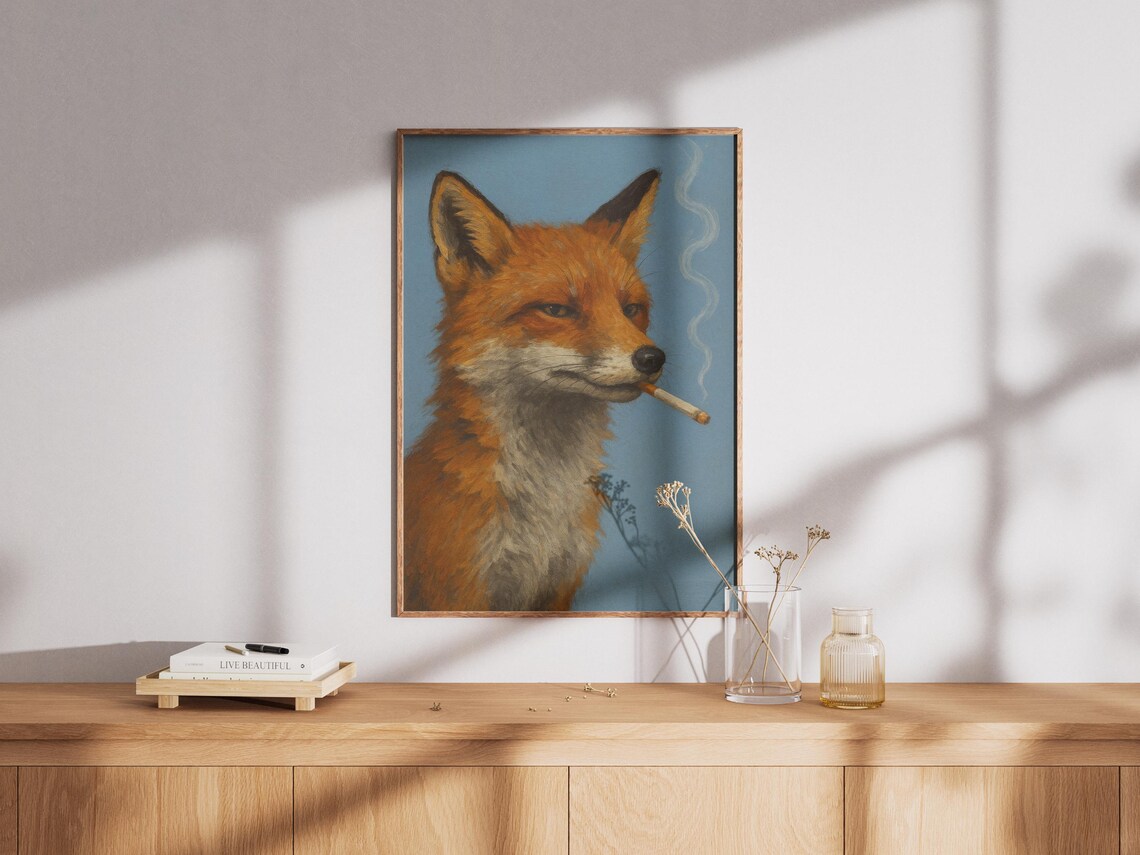 Red Fox Smoking a Cigarette on Dusty Blue Vintage Portrait Poster - Image 2
