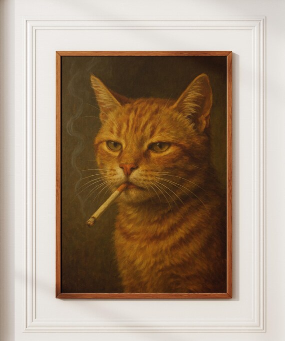 Orange Tabby Cat Smoking a Cigarette Moody Vintage Portrait Poster