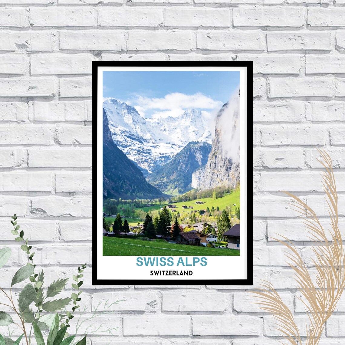 Swiss Alps Snow Capped Peaks Green Valley Village Scenic Poster