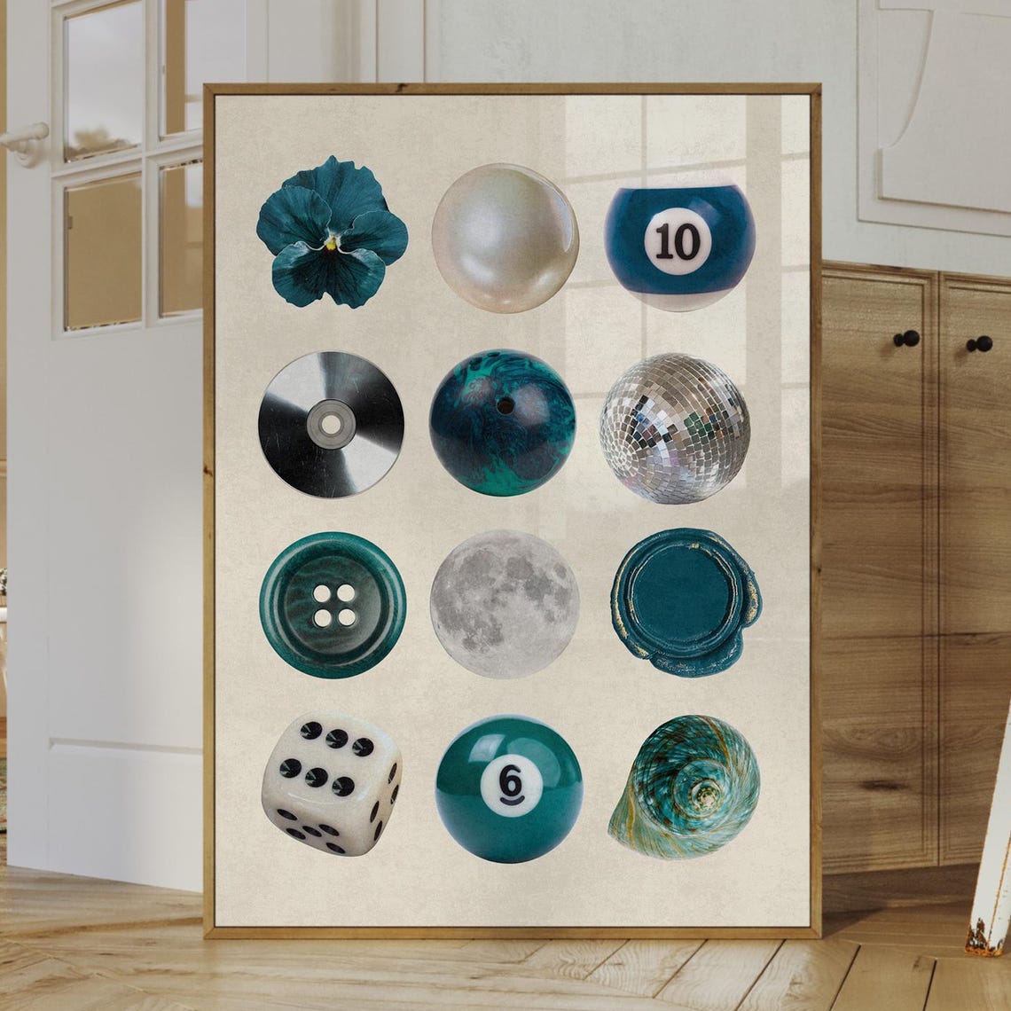 Teal Round Objects Collage Disco Ball Moon Quirky Photo Art Print