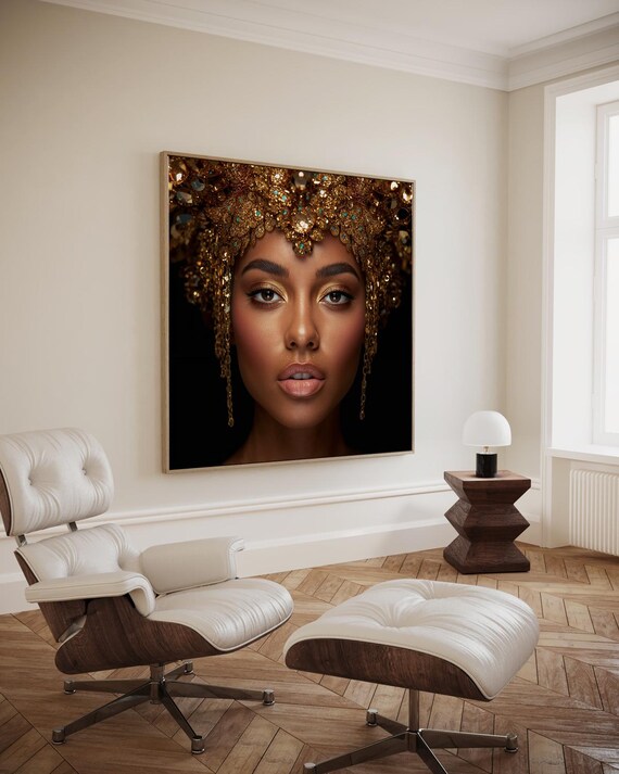 Golden Goddess Jeweled Headdress Glam Beauty Portrait Dark Art Poster