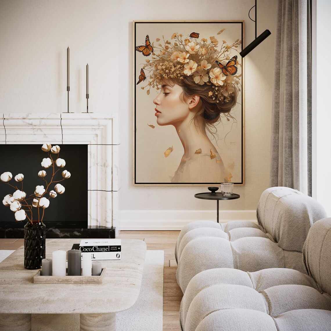 Woman in Profile with Flowers and Butterflies in Hair Portrait Print