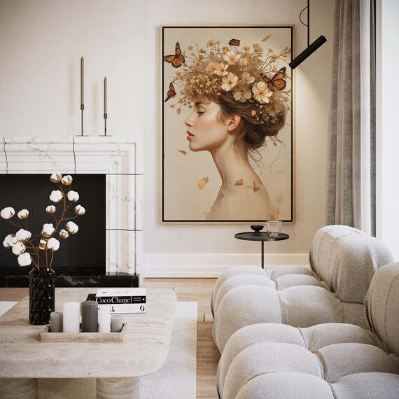 Woman in Profile with Flowers and Butterflies in Hair Portrait Print