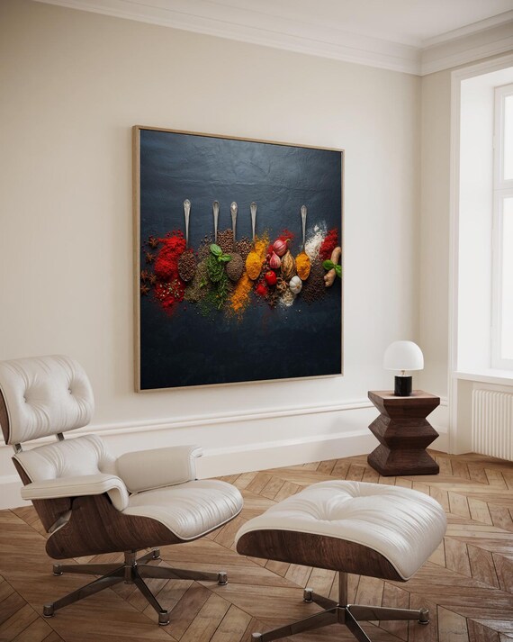 Vintage Spoons Brimming with Spices on Dark Wall Kitchen Poster