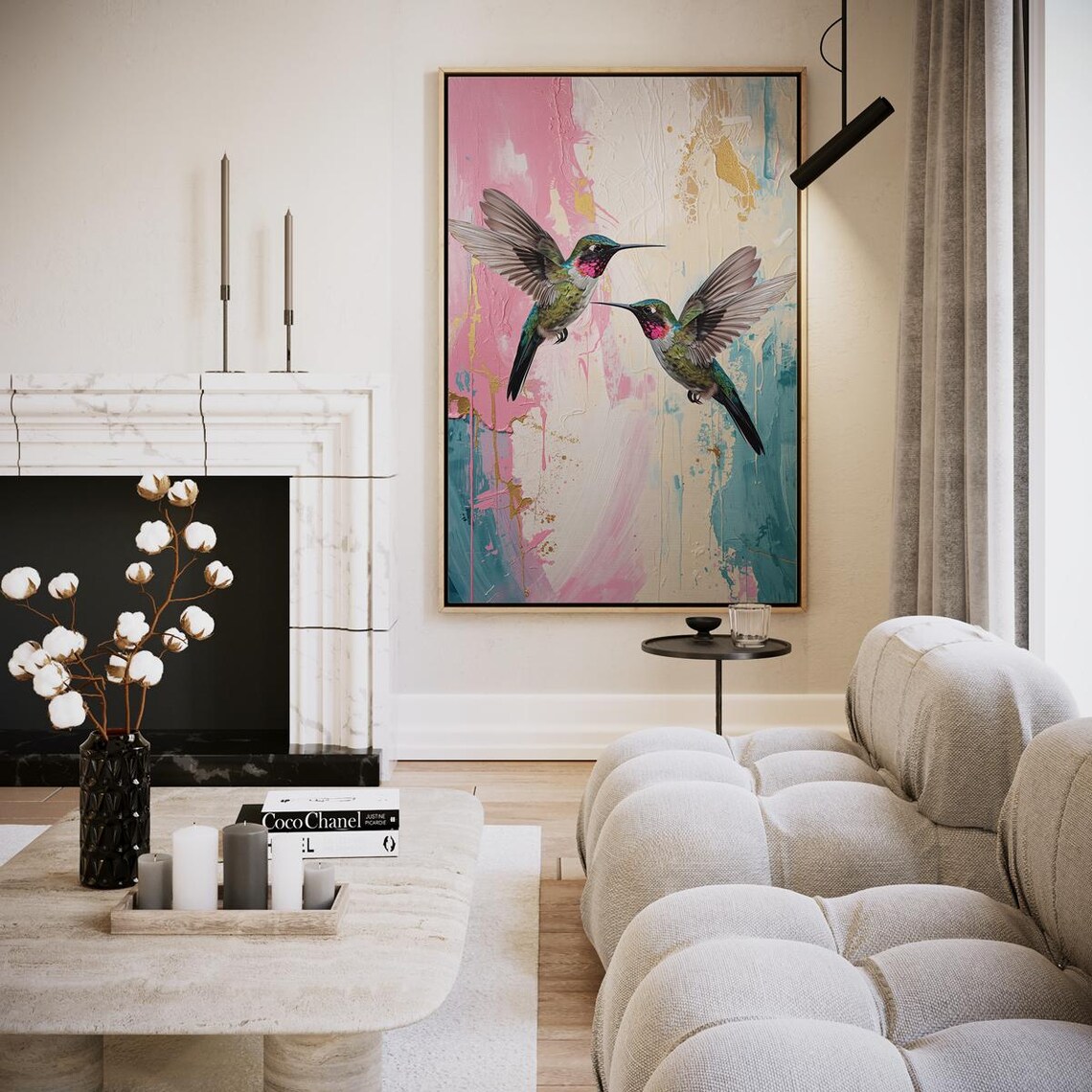 Pair of Hummingbirds Abstract Pink Teal Gold Floral Art Poster