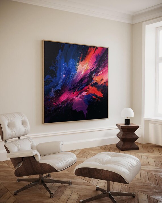 Abstract Burst Of Deep Pink Purple And Blue With Energetic Paint Textures Artwork Wall Art
