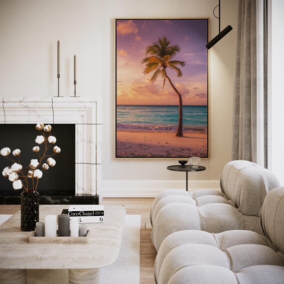 Leaning Palm Tree on Beach at Sunset Tropical Seascape Wall Art