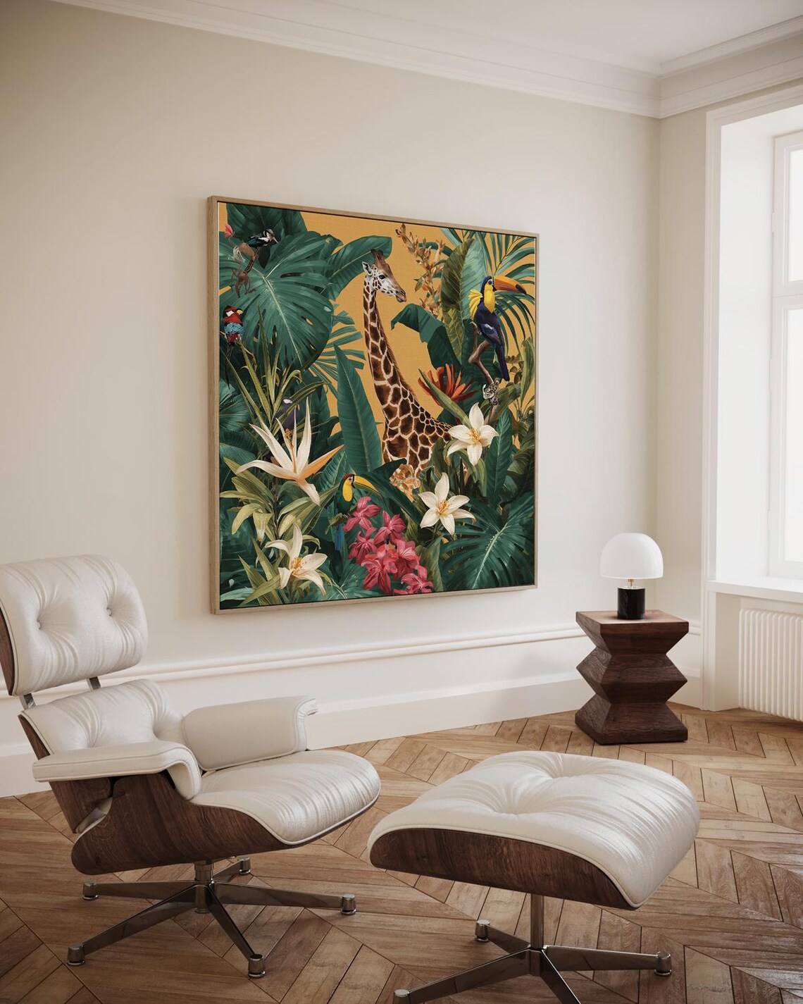 Giraffe Among Tropical Leaves Toucan Parrot Gold Botanical Poster