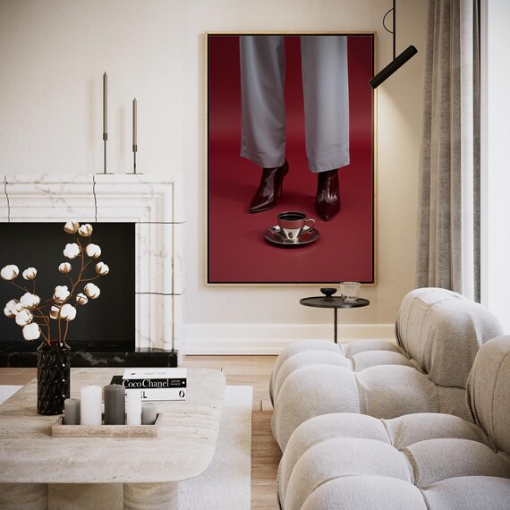 Fashion Legs In Boots With Espresso Cup Bold Red Minimalist Poster