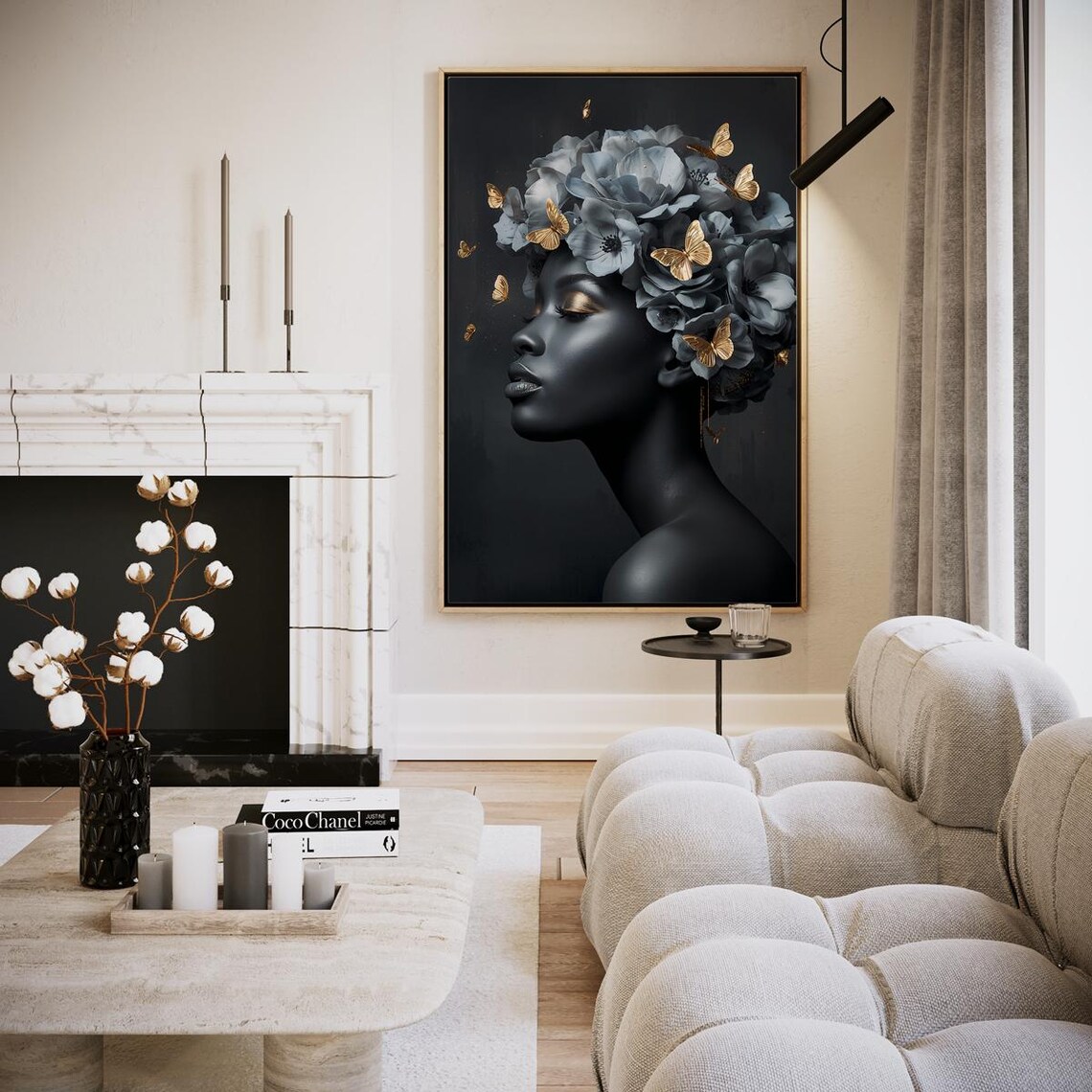 Blue Grey Flower Crown Woman Profile Gold Butterfly Art Poster