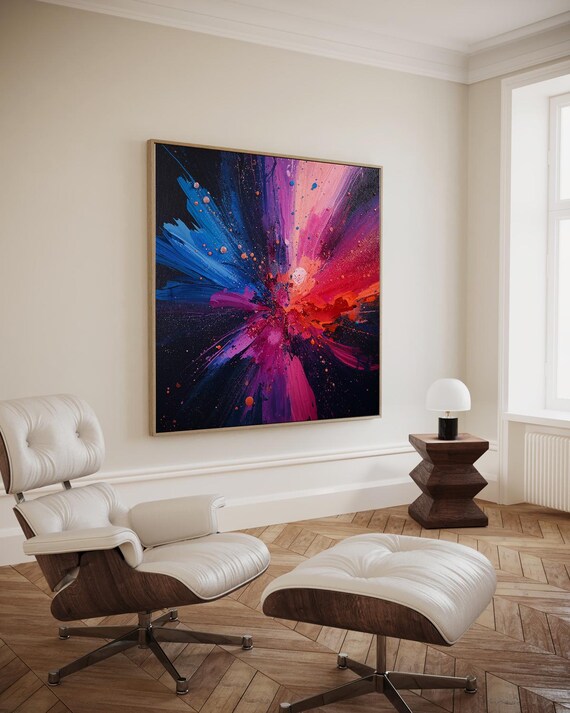 Blue Pink Cosmic Explosion Abstract on Dark Art Decor Poster