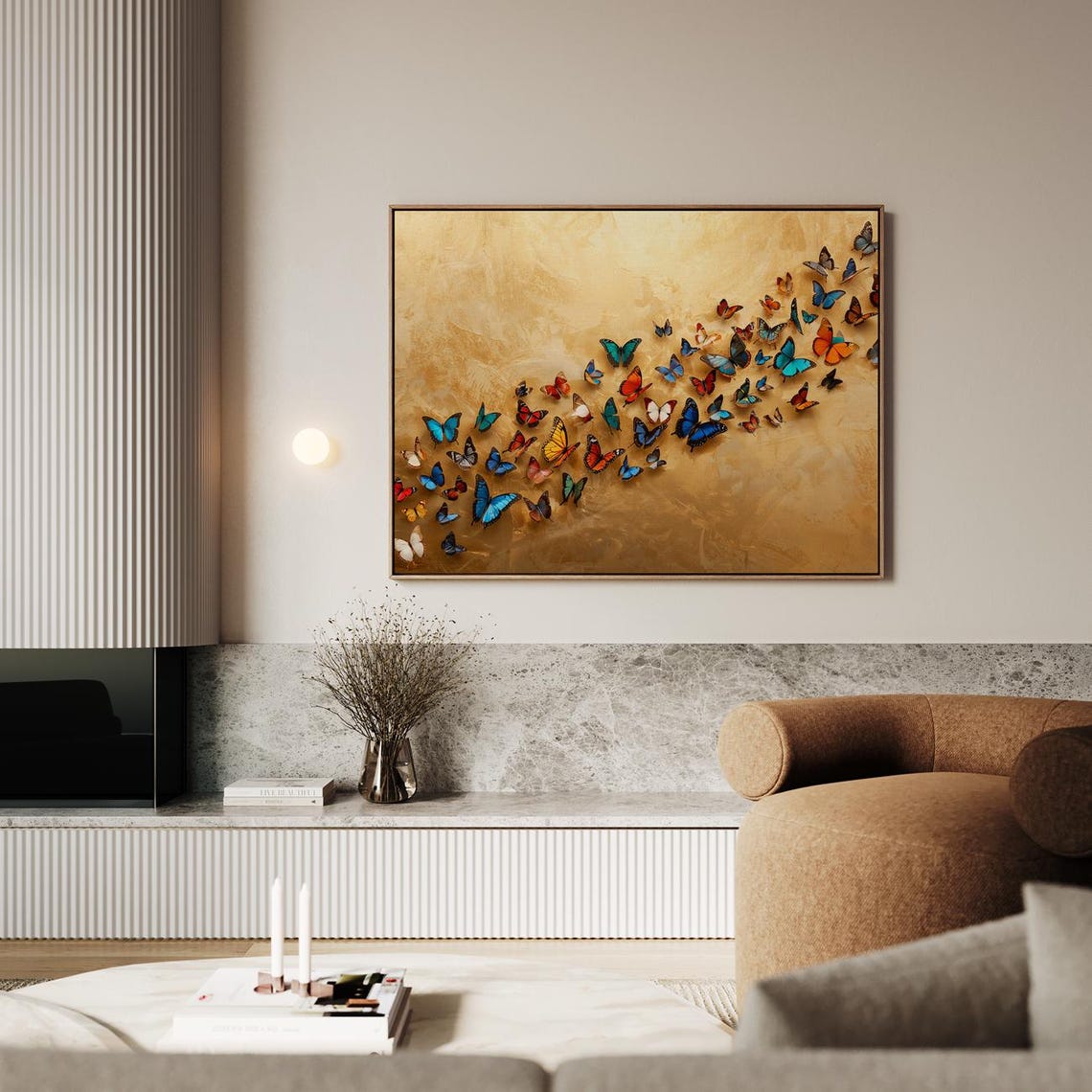 Butterfly Flight On Golden Textured Canvas Colorful Nature Wall Poster