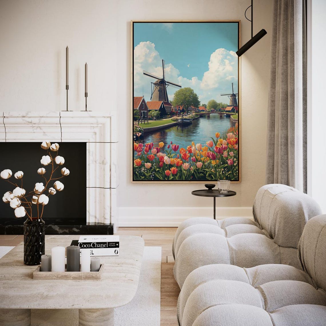 Netherlands Windmills Tulips and Canal Village Scenic Floral Art Print