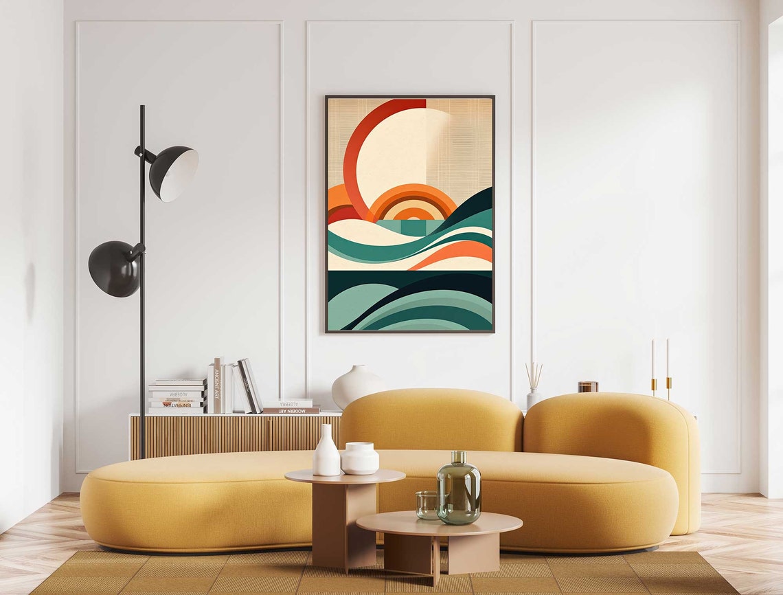 Mid Century Modern Ocean Sunrise With Retro Wave Curves Poster - Image 5