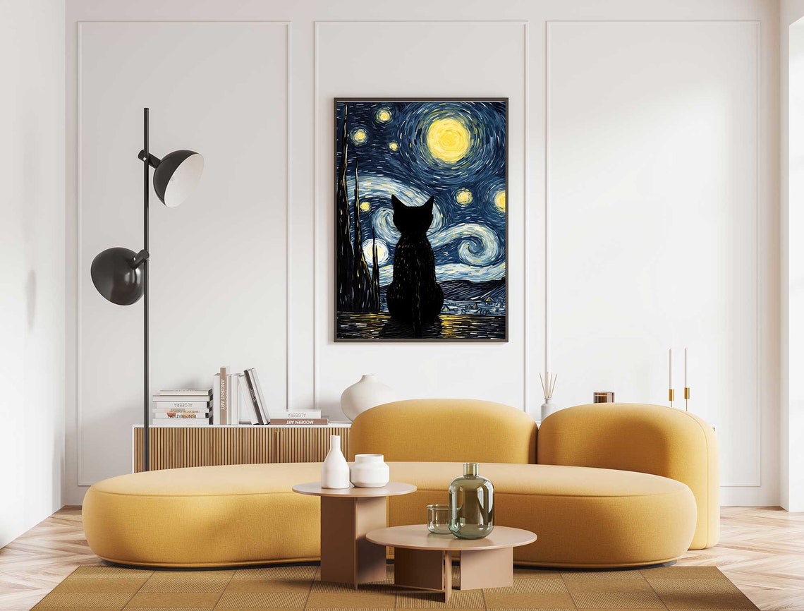 Black Cat Watching Starry Night Sky Van Gogh Style Cat Lover Poster - Image 5