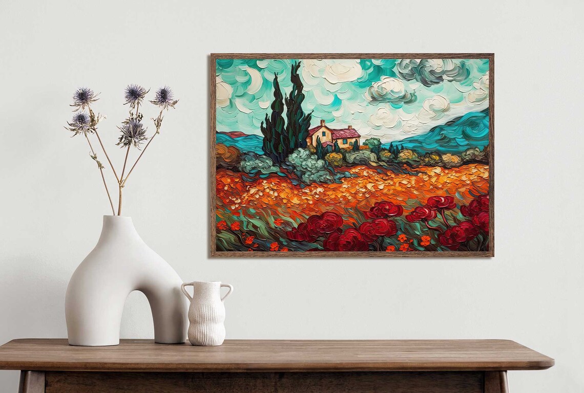 Van Gogh Style Farmhouse Among Cypress Trees Poppy Field Impasto Poster - Image 5