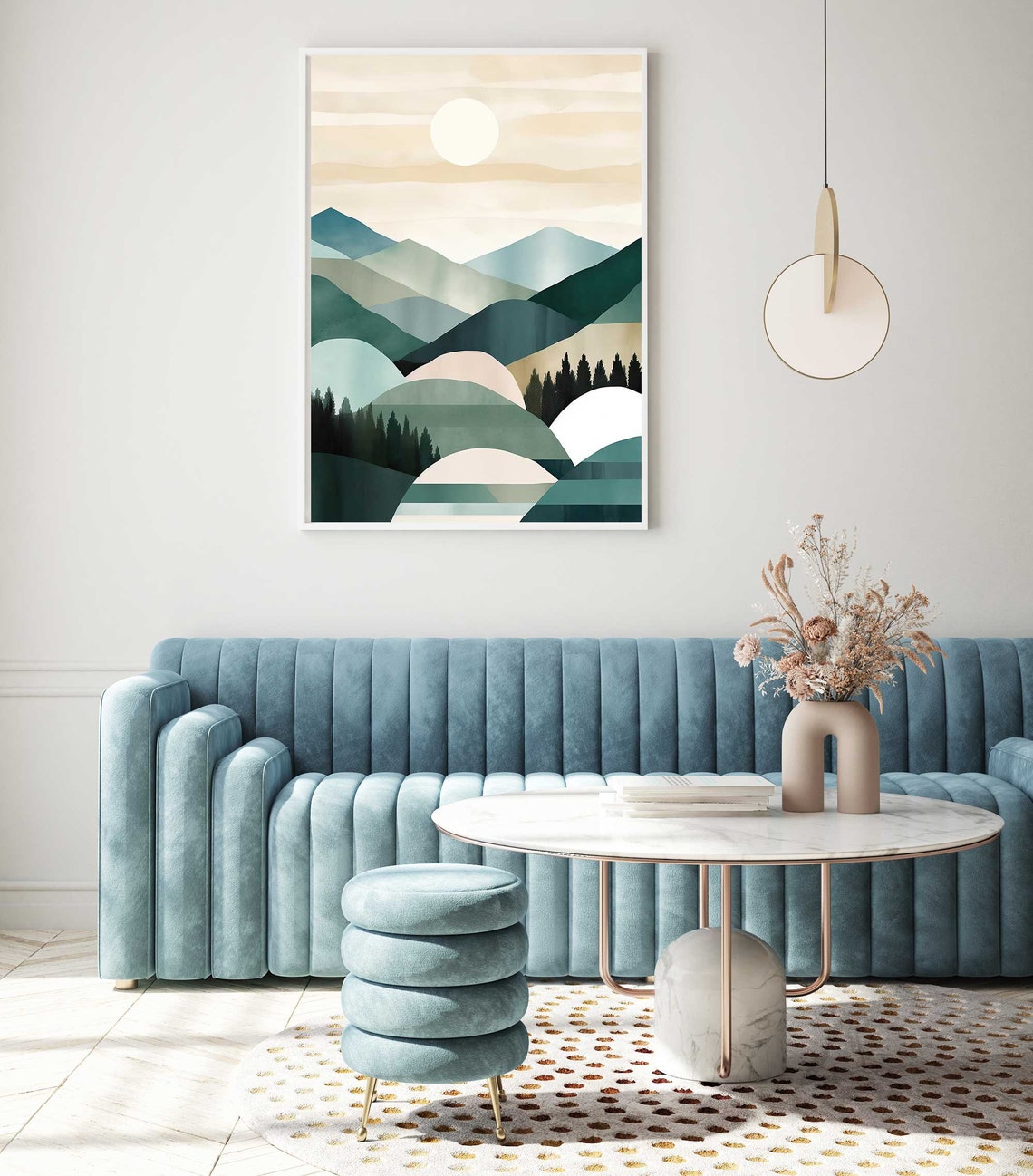 Mid Century Modern Layered Mountain Landscape With Sun Poster - Image 2