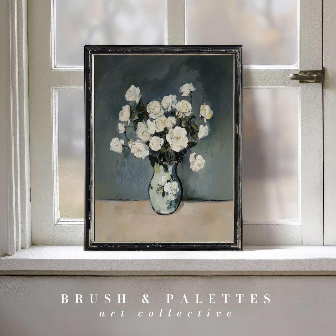 White Roses in Vase Oil Painting Classic Floral Still Life Poster