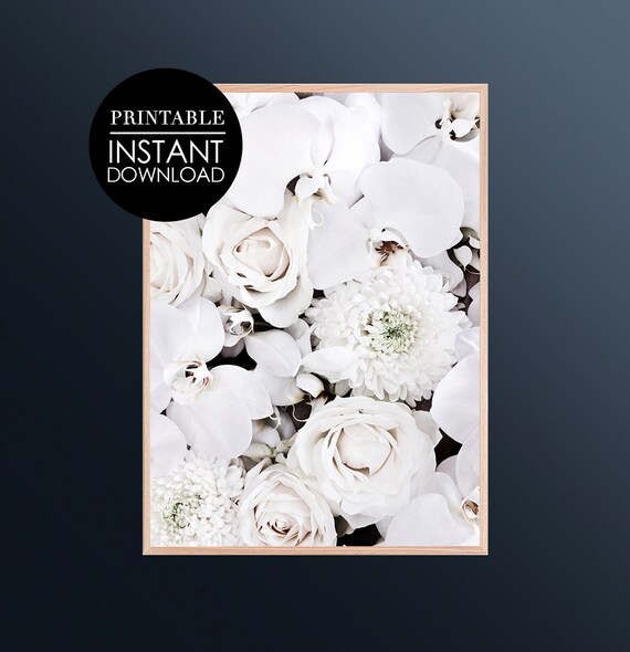 White Roses Orchids Monochrome Floral Photography Art Poster