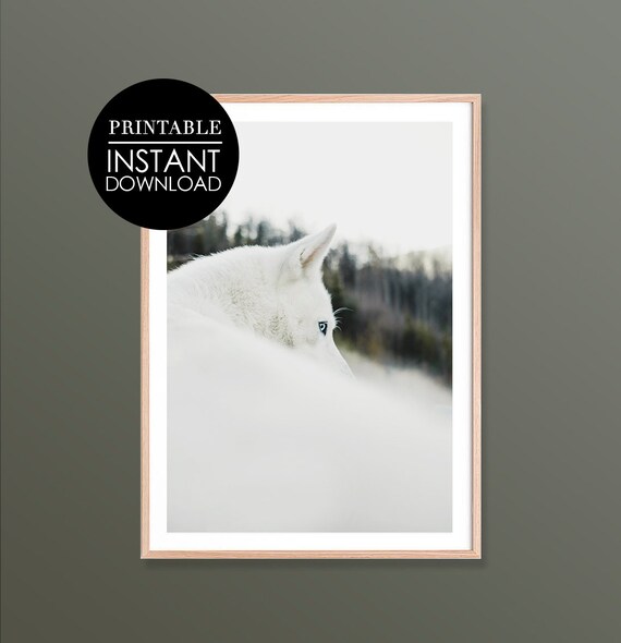 White Wolf Print Wall Art Minimalist Neutral Decor Winter Forest