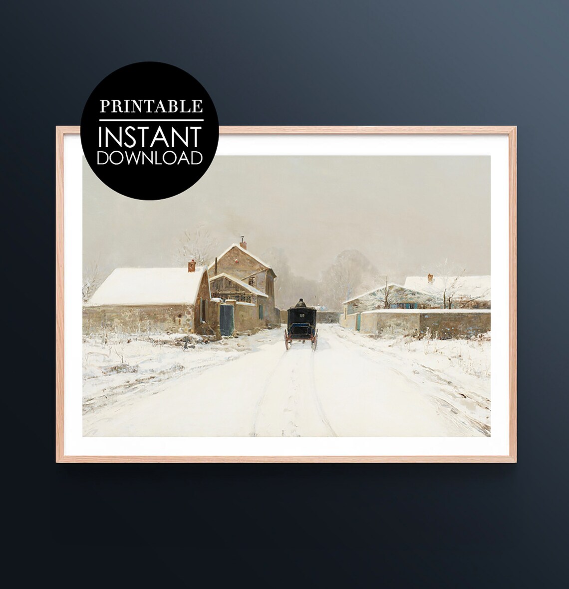 Vintage Snowy Village Horse Carriage Winter Landscape Art Print