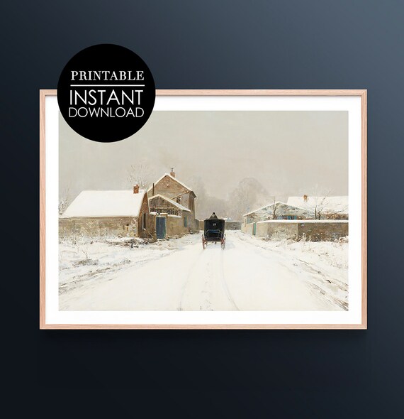 Vintage Snowy Village Horse Carriage Winter Landscape Art Print