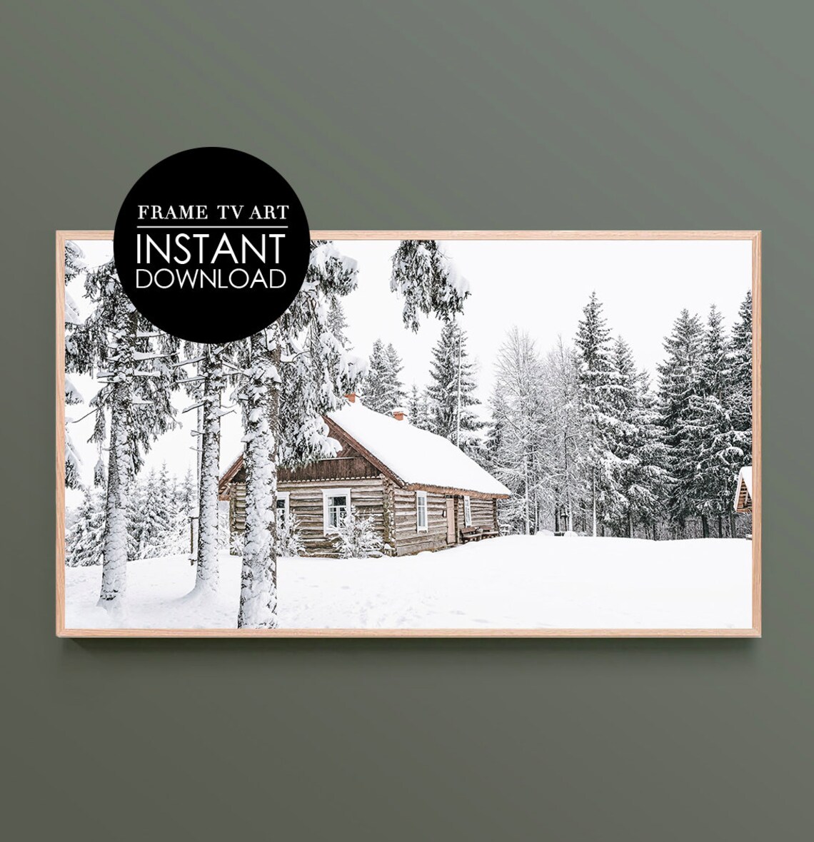 Log Cabin in Snowy Forest Poster Winter Frame TV Art Download