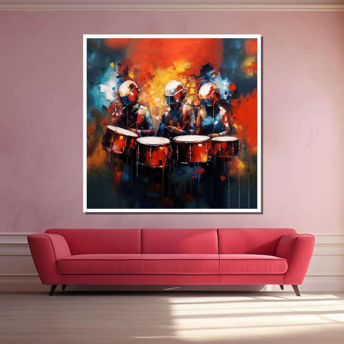 Vibrant Drummers Abstract Art Bold Modern Painting For Living Room Wall Decor Dynamic Musical Artwork - Image 3