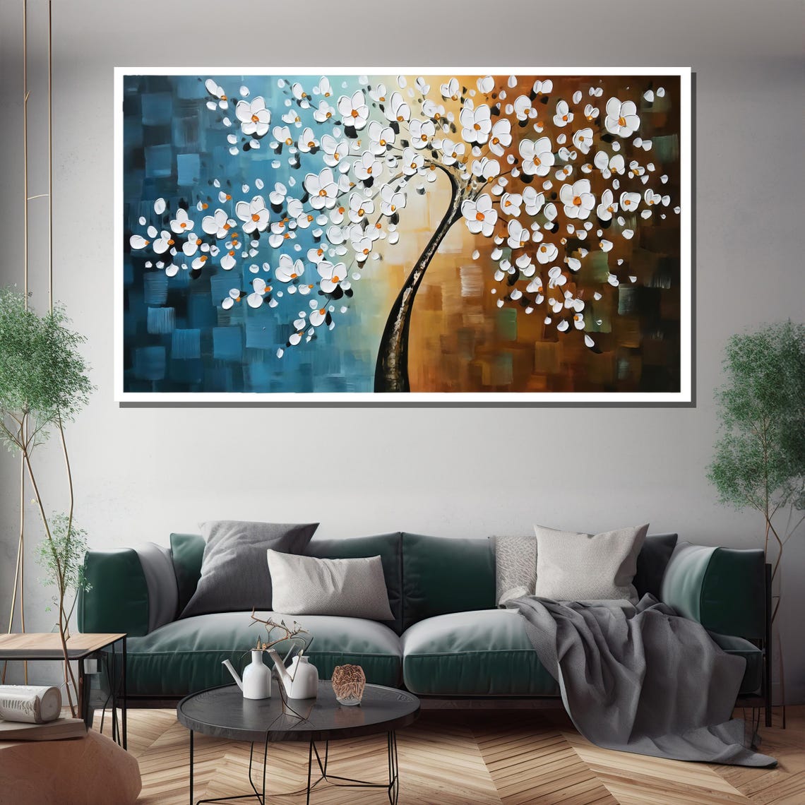 White Blossom Tree On Blue To Amber Gradient Background Poster - Image 3