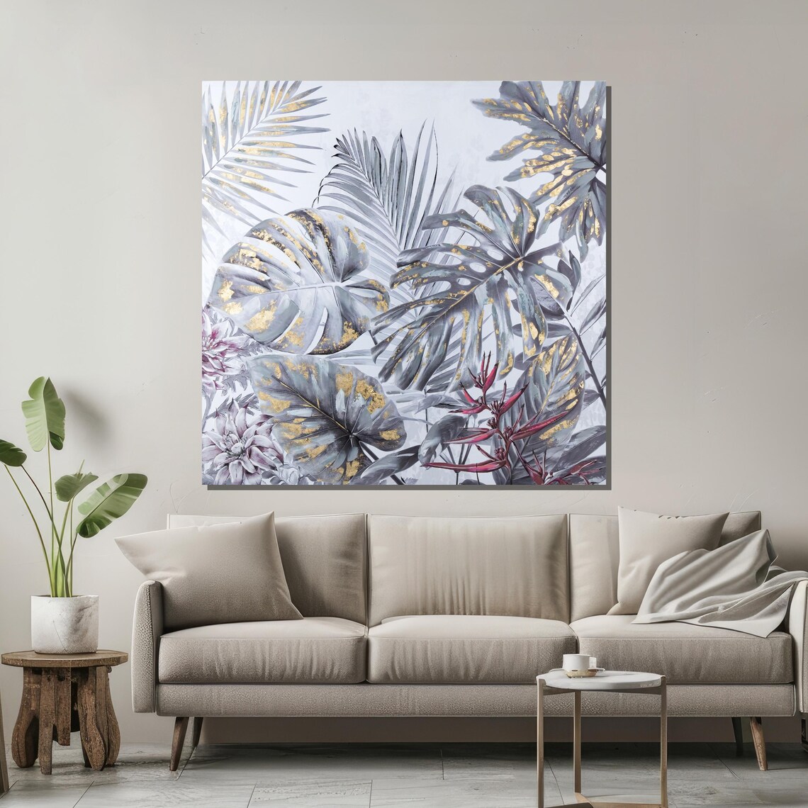 Gray Monstera and Palm Leaves With Gold Accents Botanical Art Poster - Image 2