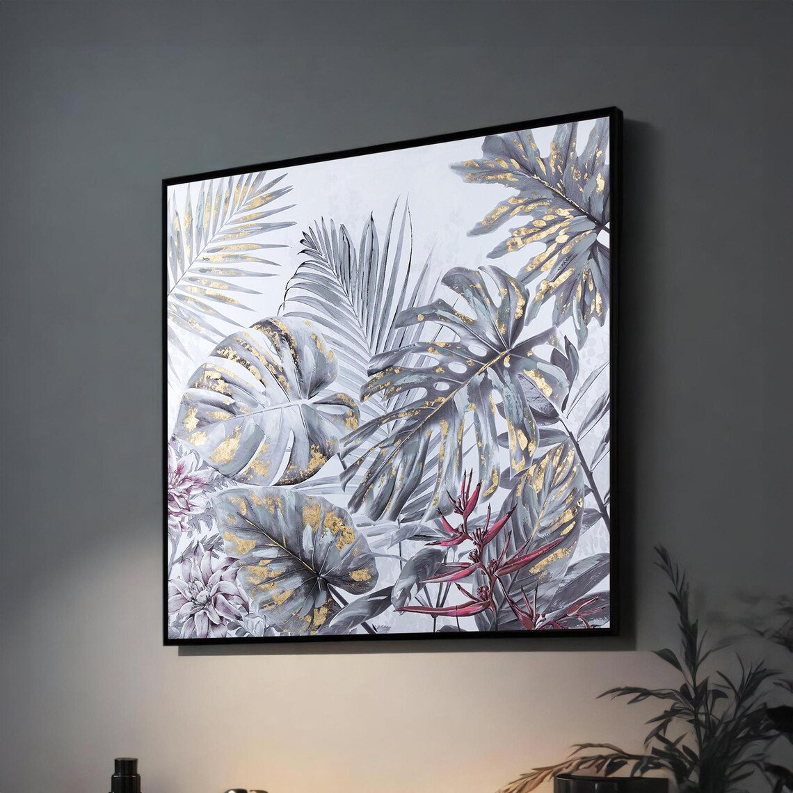 Gray Monstera and Palm Leaves With Gold Accents Botanical Art Poster