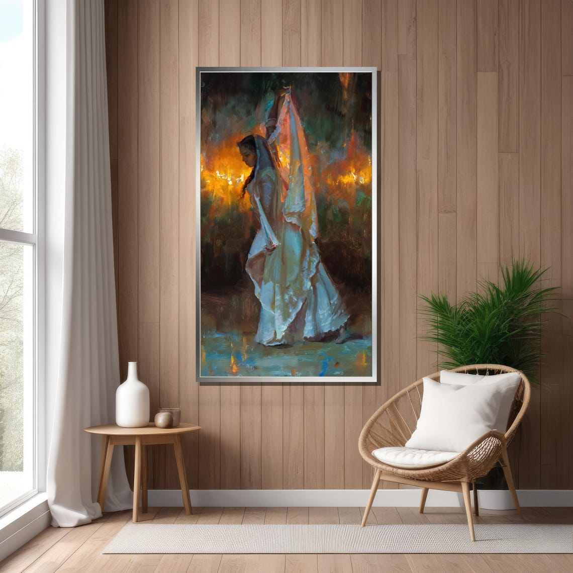 Woman in Flowing White Veil Dancing Before Firelight Oil Art Poster - Image 5