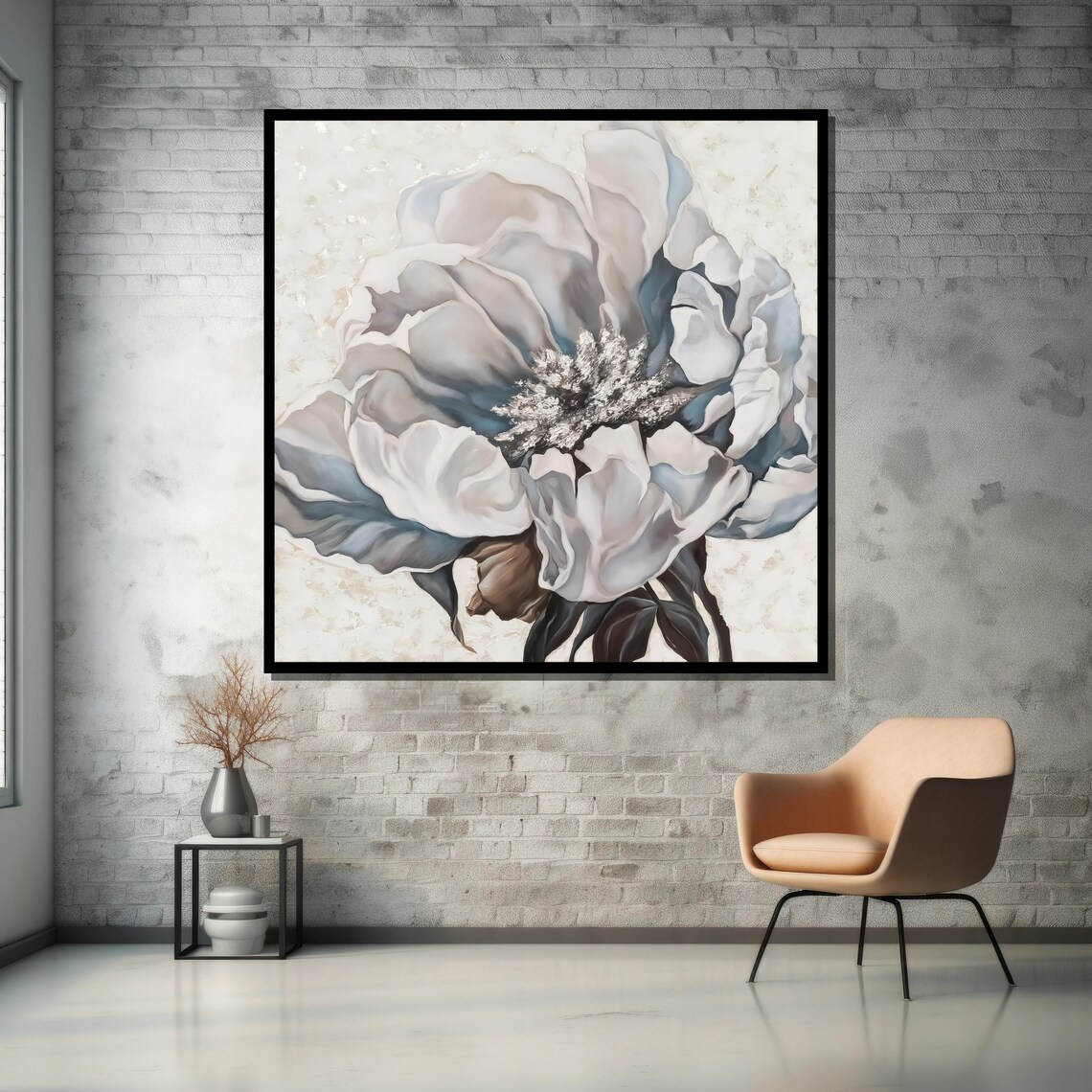 Gray and White Peony on Cream Textured Background Floral Art Poster - Image 5