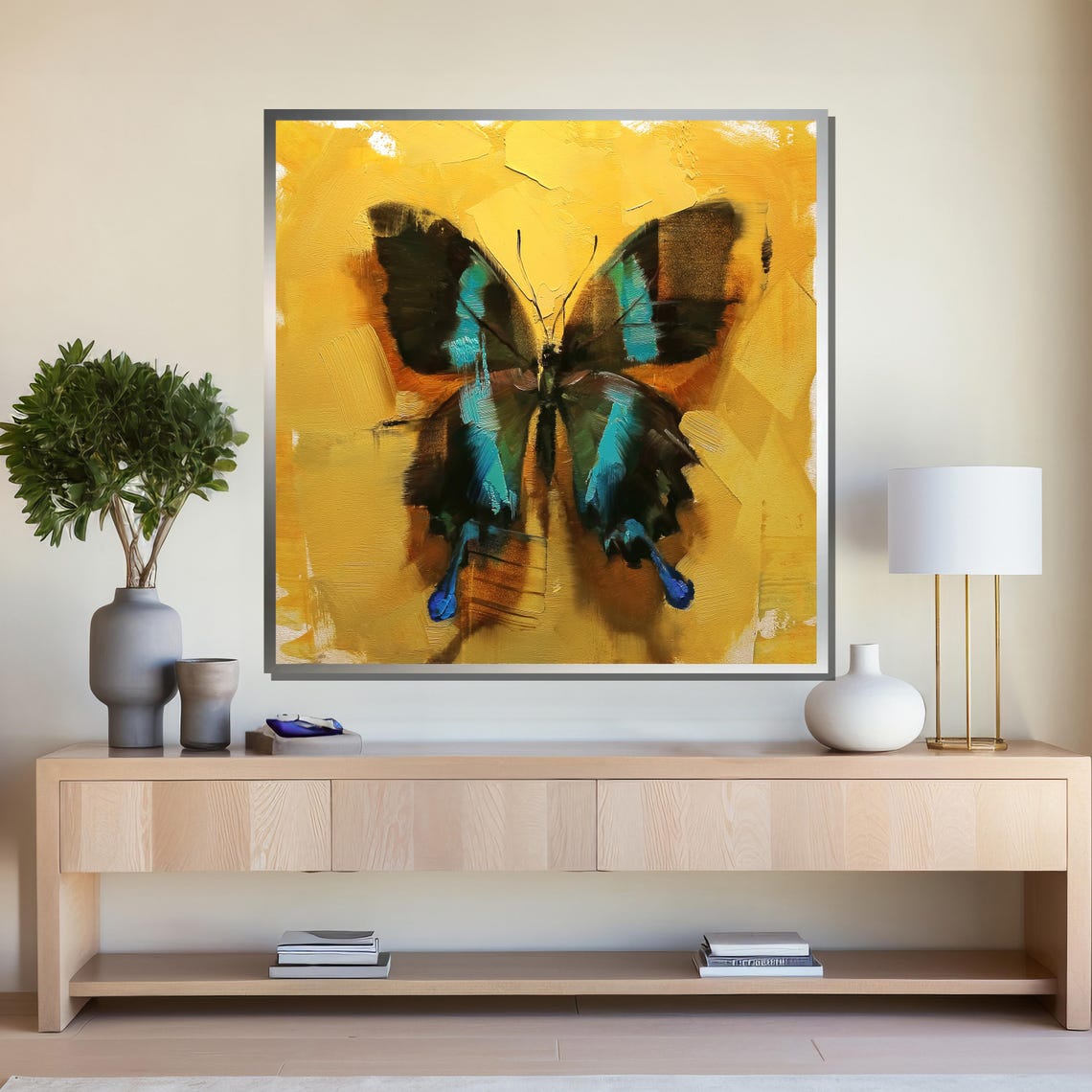 Elegant Butterfly Wall Art Vibrant Yellow And Blue Abstract Painting Ready To Hang Modern Home Decor For Living Room Or Bedroom - Image 4