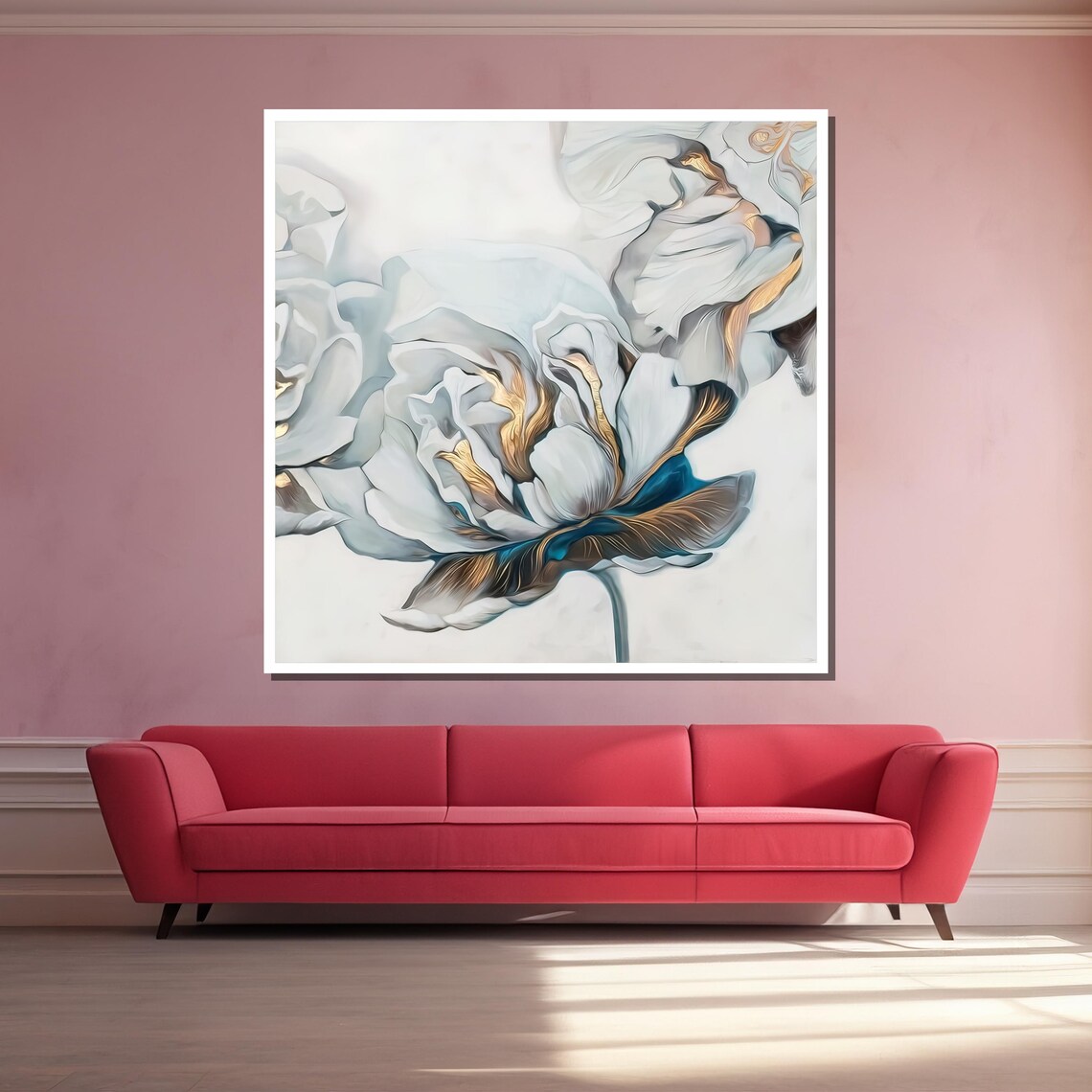 White Peony With Blue and Gold Accents Large Modern Floral Art Poster - Image 3