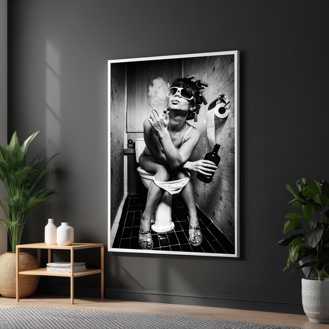 Cheeky Vintage Style Photo Of Woman Smoking In Bathroom Poster