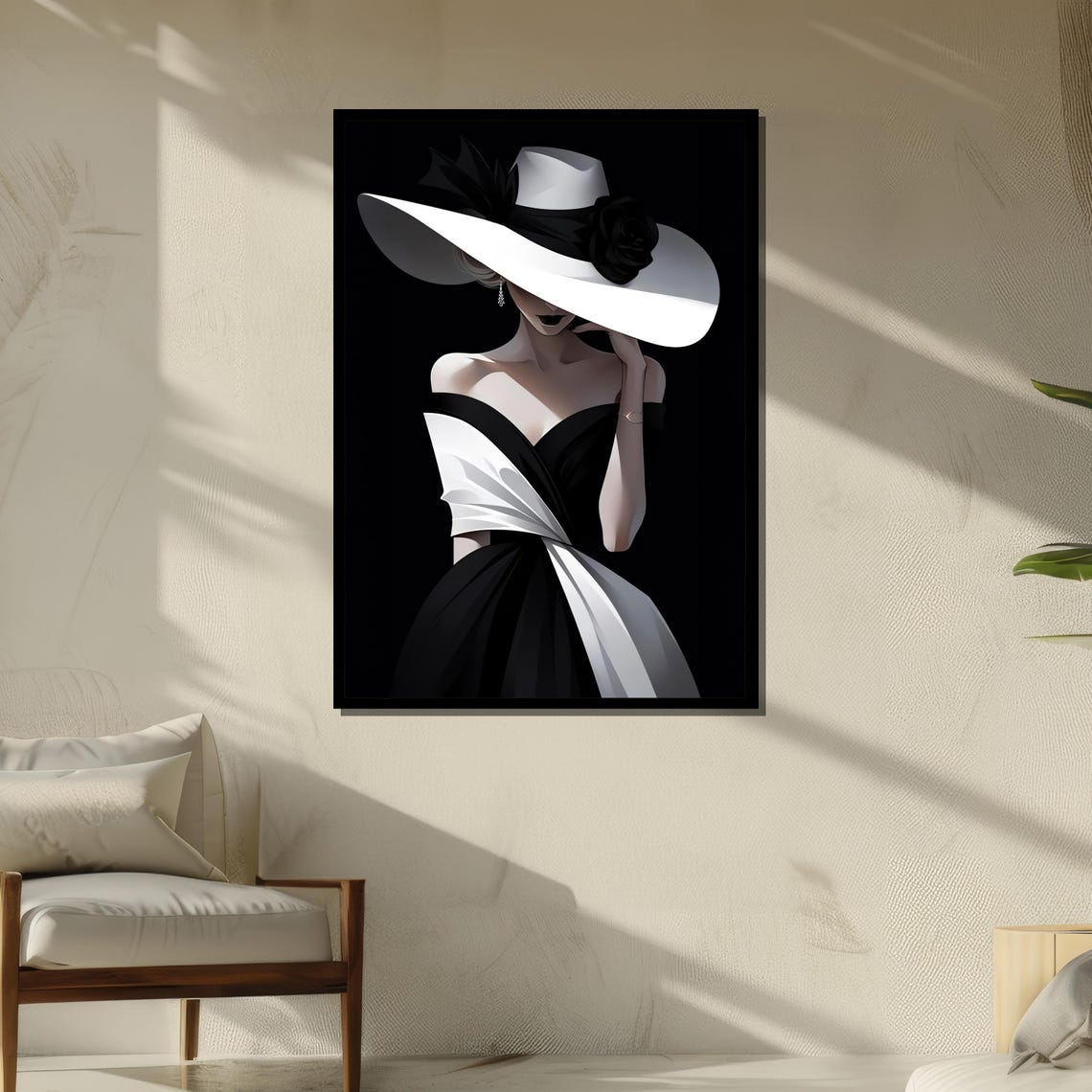 Chic Black And White Lady In Elegant Wide Brim Hat Fashion Poster - Image 5