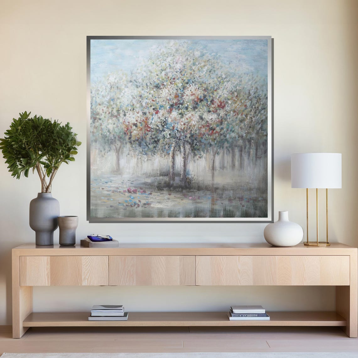 Tranquil Forest Landscape Art Serene Tree Painting With Soft Colors For Peaceful Wall Decor - Image 4