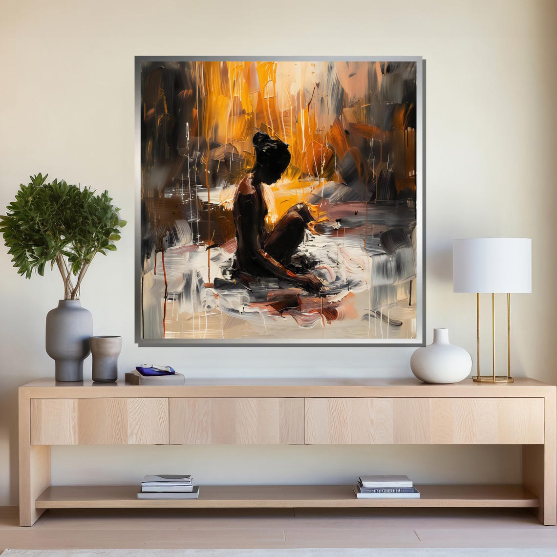 Contemplative Seated Silhouette Warm Abstract Poster for Modern Home - Image 4