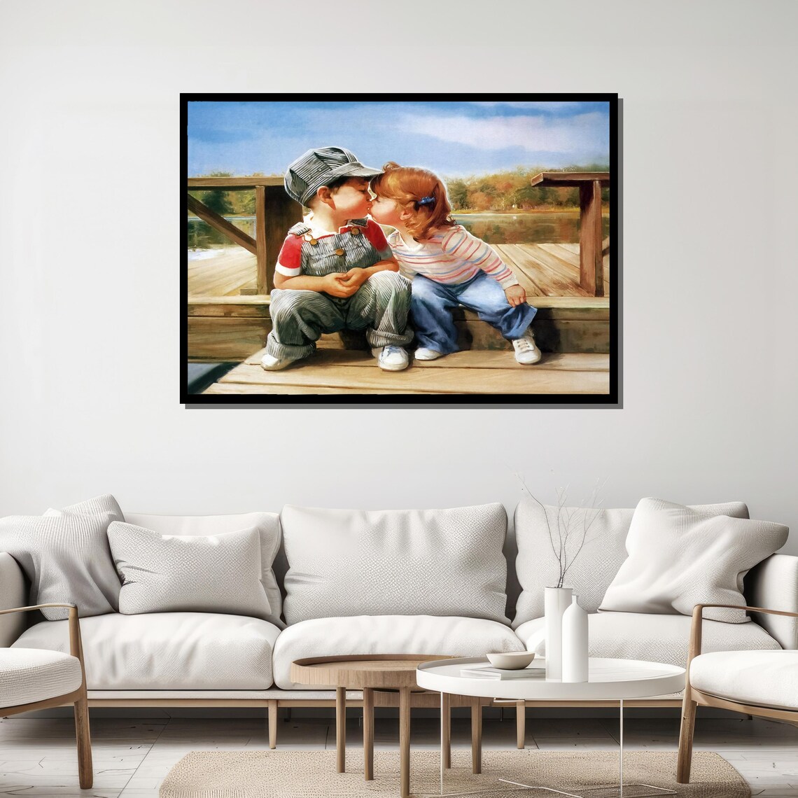 Two Sweet Little Kids Kissing on Wooden Dock Childhood Art Poster - Image 5