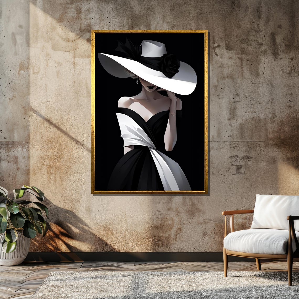 Chic Black And White Lady In Elegant Wide Brim Hat Fashion Poster - Image 6