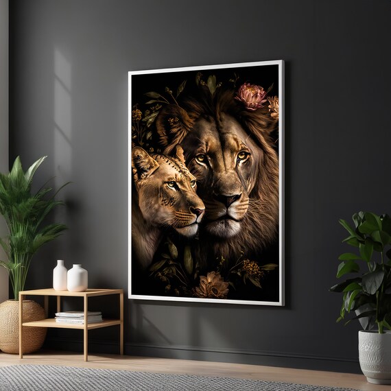 Lion and Lioness Close-Up With Dark Floral Background Art Poster