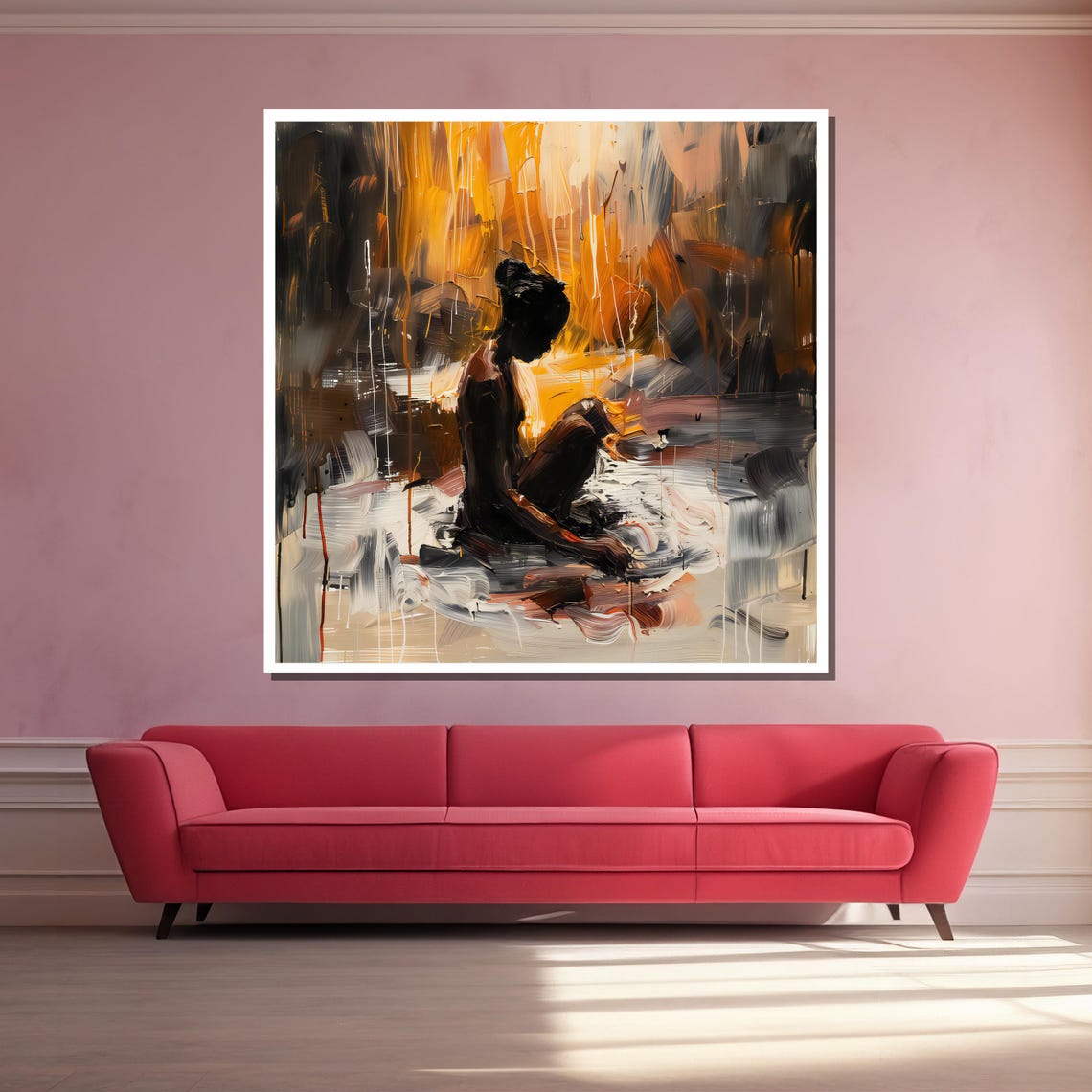 Contemplative Seated Silhouette Warm Abstract Poster for Modern Home - Image 3