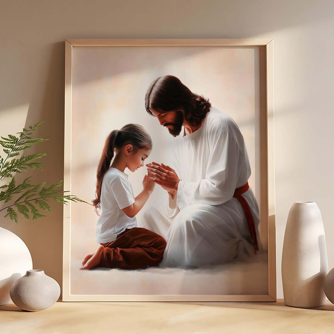 Jesus Praying With A Little Girl Religious Christian Art Poster