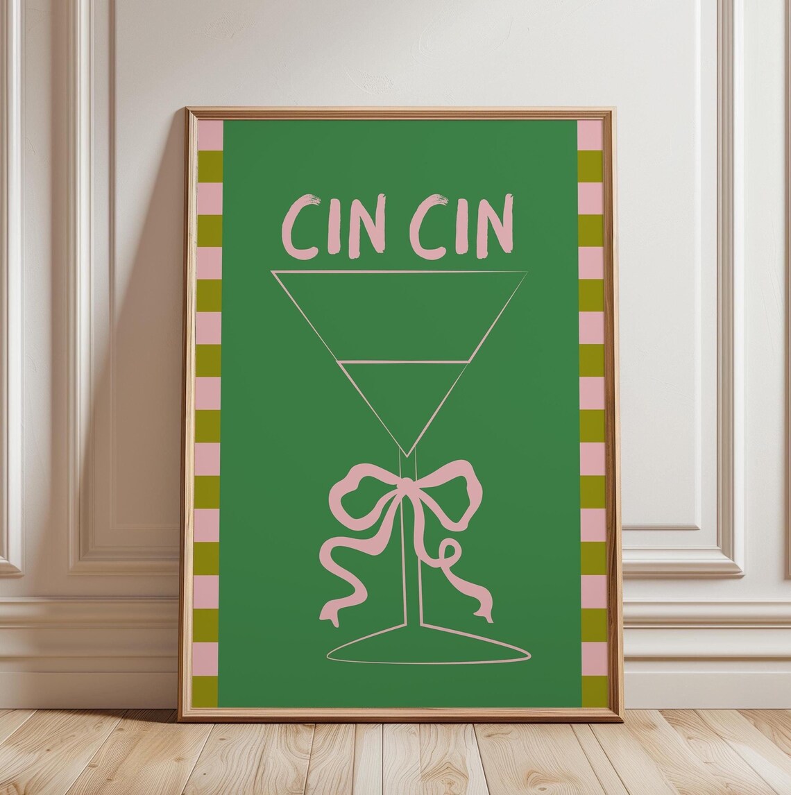Cin Cin Cheers Retro Martini Cocktail Bar Cart Pink Green Poster