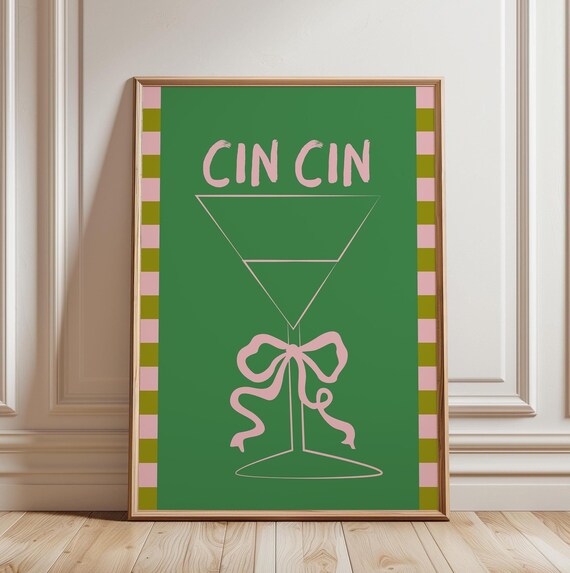 Cin Cin Cheers Retro Martini Cocktail Bar Cart Pink Green Poster